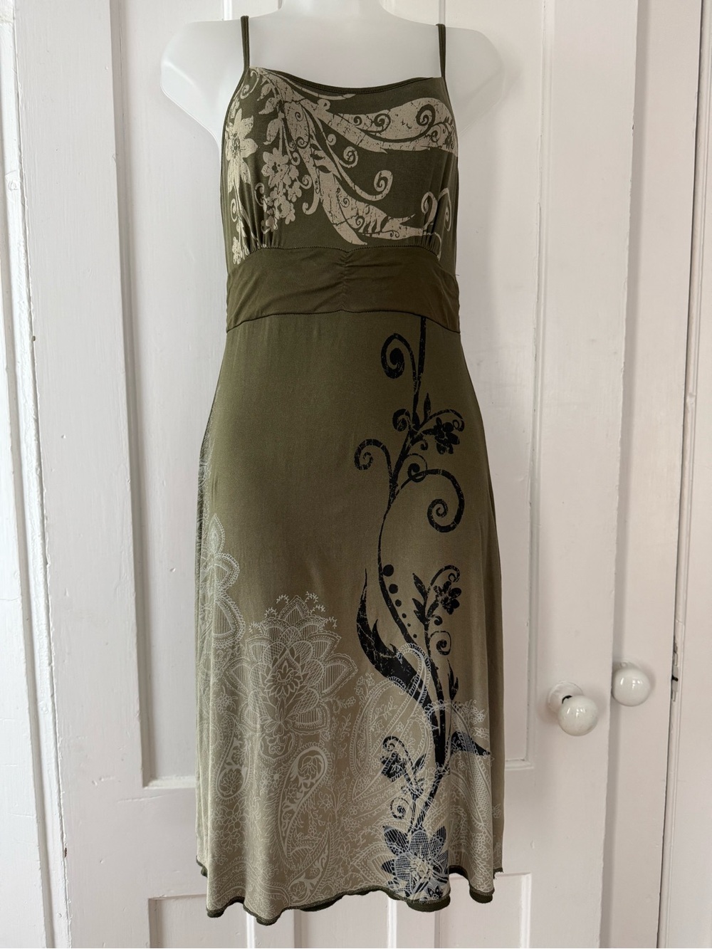 Athleta Olive Green Floral Midi Dress with Cream and Black Prints